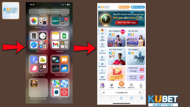 Người dùng ios cần sử dụng trình duyệt Safari để tải app Kubet